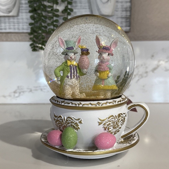 Tea Cup & Saucer Easter Rabbit Musical Snow Globe - Picture 1 of 5